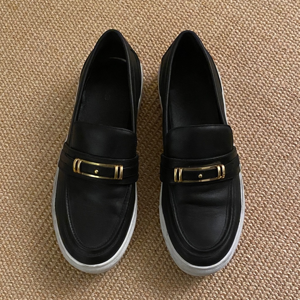 Reiss Black Leather Slip-On Loafer Sneakers with Gold Buckle